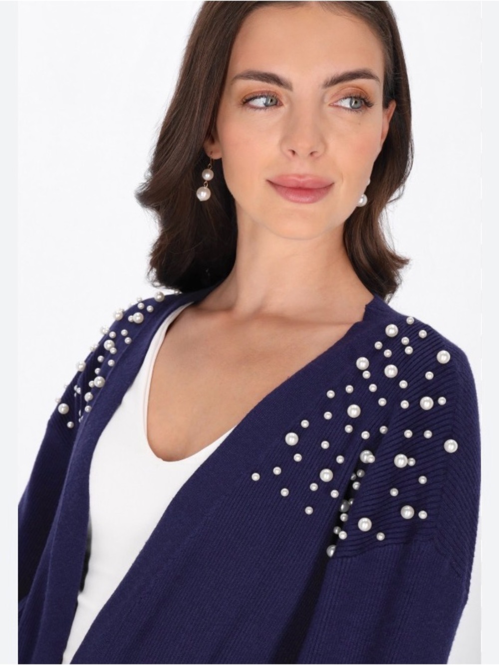 Alina's Exclusives Faux Pearl Studded Open Front Blue Cardigan Size S/M